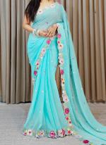 Faux Georgette Sky Blue Traditional Wear Embroidery Work Saree